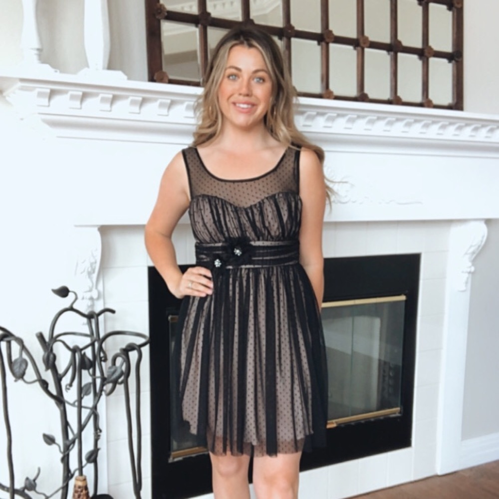 BCX Black & Nude Illusion Neckline Polka Dot Dress - Picture 1 of 9